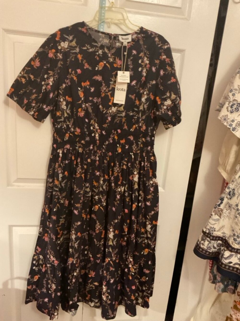Leota Black Floral Midi Dress Smocked Waist Puff Sleeve NWT XL